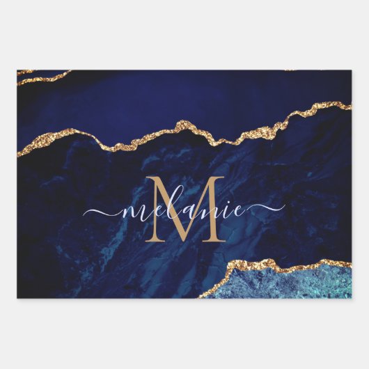 Name des Monogramms Agate Navy Blue Gold Marble Geschenkpapier Set (Vorderseite 2)