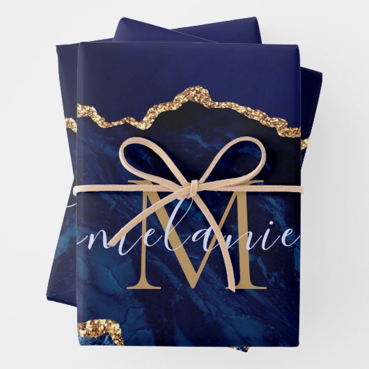 Name des Monogramms Agate Navy Blue Gold Marble Geschenkpapier Set (Beispiel)