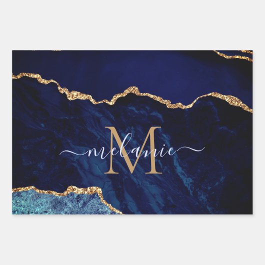 Name des Monogramms Agate Navy Blue Gold Marble Geschenkpapier Set (Vorderseite 3)