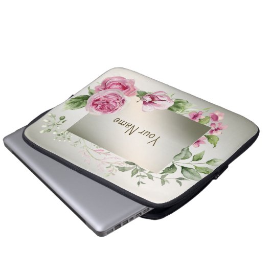 Name des Monogramms Aquarellfarbe Rosa Rahmen Bron Laptopschutzhülle (Vorne Knopf)