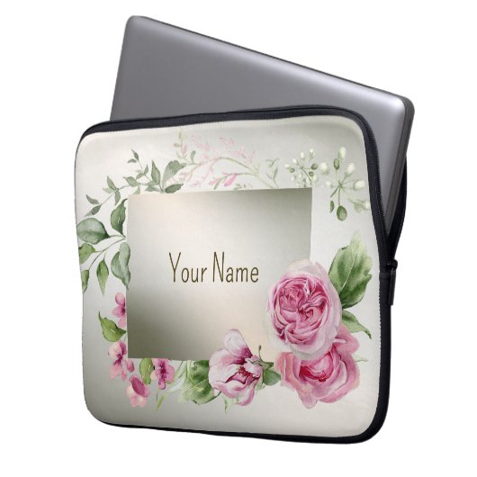 Name des Monogramms Aquarellfarbe Rosa Rahmen Bron Laptopschutzhülle (Vorderseite Links)