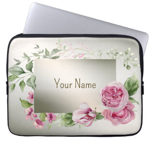 Name des Monogramms Aquarellfarbe Rosa Rahmen Bron Laptopschutzhülle