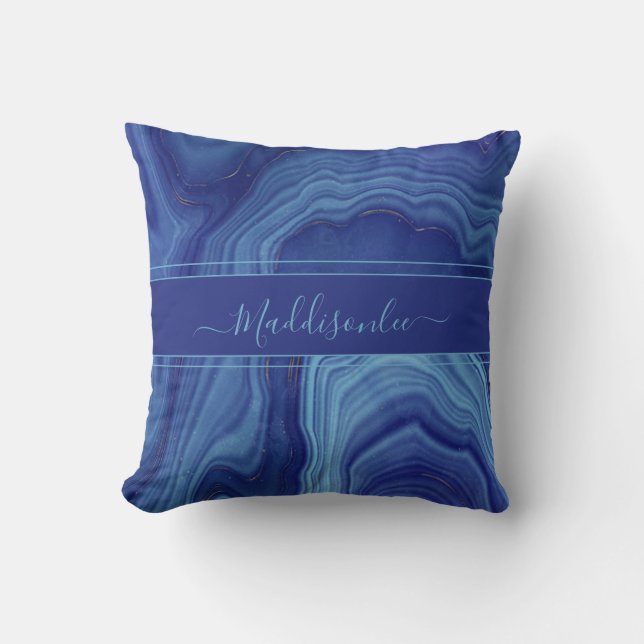Name des Monogramms "Blue Agate Marble" Kissen (Vorderseite)