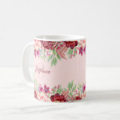 Name des Monogramms Burgund Blush Floral Kaffeetasse (Vorderseite Links)