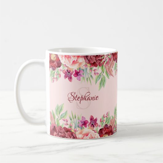 Name des Monogramms Burgund Blush Floral Kaffeetasse (Links)