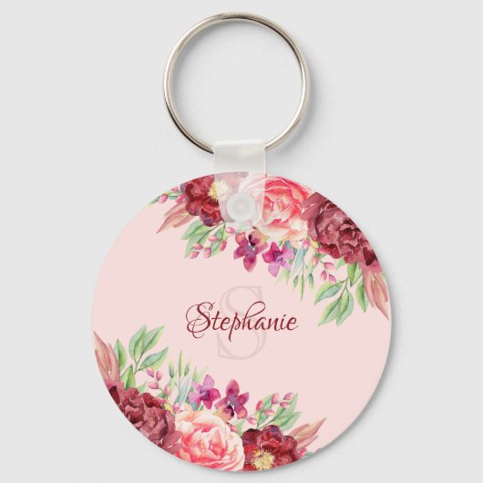 Name des Monogramms Burgund Blush Floral Schlüsselanhänger (Vorderseite)