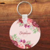 Name des Monogramms Burgund Blush Floral Schlüsselanhänger (Vorderseite)