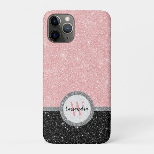 Name des Monogramms des Girl-Pink-Schwarzen Glitze Case-Mate iPhone Hülle (Rückseite)