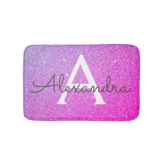 Name des Monogramms des lila rosa Glitzer Badematte (Vorderseite)