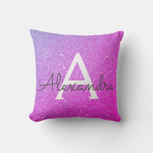 Name des Monogramms des lila rosa Glitzer Kissen (Vorderseite)