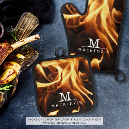 Name des Monogramms Flammen Ofenhandschuh & Topflappen-Set