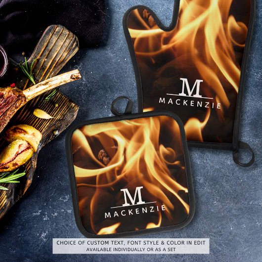 Name des Monogramms Flammen Ofenhandschuh & Topflappen-Set
