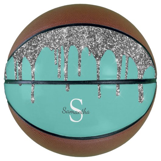 Name des Monogramms für aquamarine Silver Glitzer- Basketball (Vorderseite)