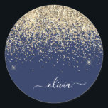 Name des Monogramms für den Blauen Girl-Glitzer Runder Aufkleber<br><div class="desc">Monogram Name and Navy Blue Sparkle Glitzer und Initial Party Aufkleber Adressenmarken. Das macht den perfekten 16 Geburtstag,  Hochzeit,  Brautparty,  Jubiläum,  Babydusche oder Junggeselinnen-Abschied Geschenk für jemanden,  der Lieben glamourösen Luxus und schicke Stile.</div>