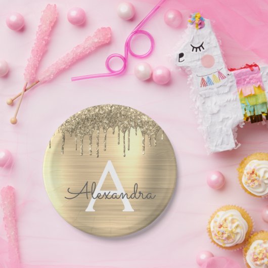 Name des Monogramms für den Gold-Glitzer-Brushed Pappteller (Party)