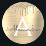 Name des Monogramms für den Gold-Glitzer-Brushed Runder Aufkleber<br><div class="desc">Gold-Imitate belichten den metallischen Sparkle-Glitzer,  der den Monogrammnamen aus gebürstetem Metall und die Anfangsbuchstaben des Party trägt. Das macht den perfekten 16 Geburtstag,  Hochzeit,  Brautparty,  Jubiläum,  Babydusche oder Junggeselinnen-Abschied Geschenk für jemanden,  der Lieben glamourösen Luxus und schicke Stile.</div>