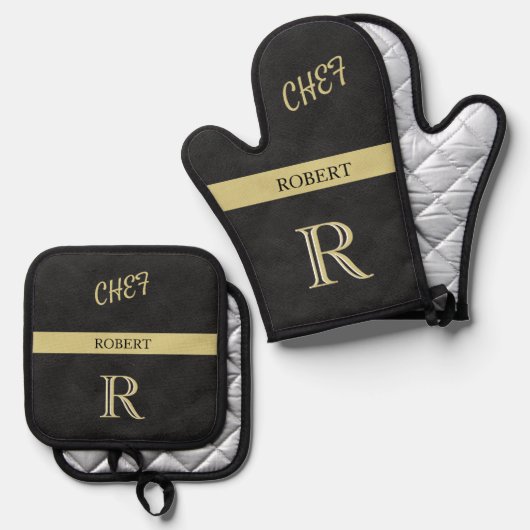 Name des Monogramms für den Koch aus schwarzem Led Ofenhandschuh & Topflappen-Set (Vorderseite/Rückseite)