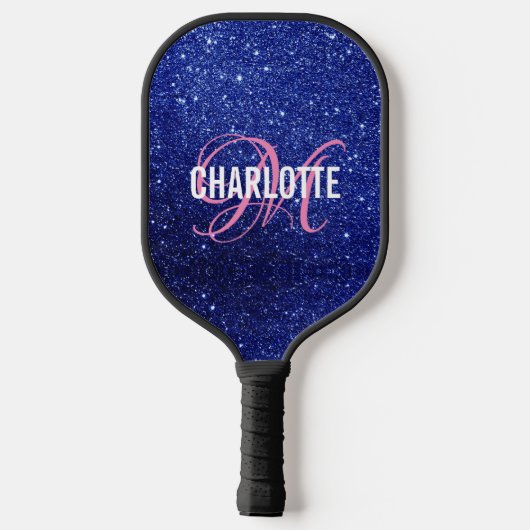 Name des Monogramms für den modernen blauen Glitze Pickleball Schläger (Rückseite)