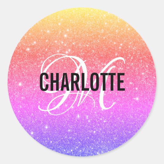 Name des Monogramms für den Rainbow-Glitzer Runder Aufkleber (Vorderseite)