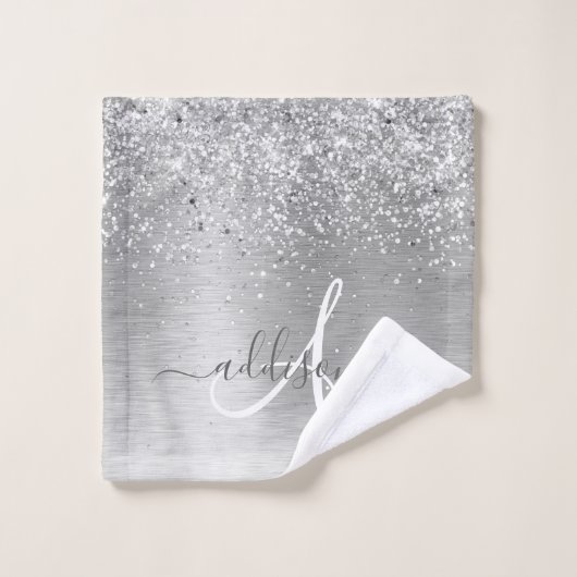 Name des Monogramms für den silberfarbenen Glitzer Badhandtuch Set (Waschlappen)