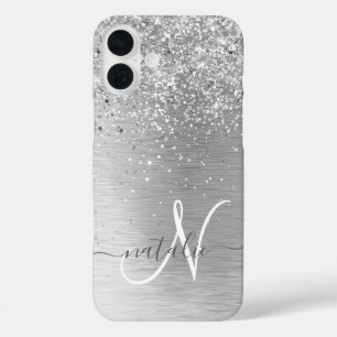 Name des Monogramms für den silberfarbenen Glitzer iPhone 16 Plus Hülle