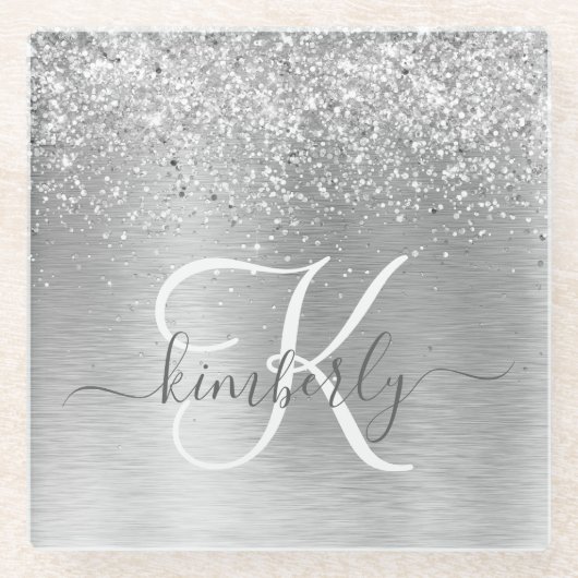 Name des Monogramms für den silberfarbenen Glitzer Glasuntersetzer (Vorderseite)