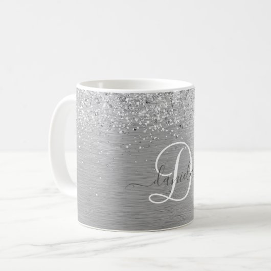 Name des Monogramms für den silberfarbenen Glitzer Kaffeetasse (Vorderseite Links)