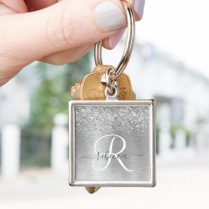 Name des Monogramms für den silberfarbenen Glitzer Schlüsselanhänger