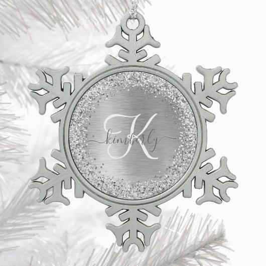 Name des Monogramms für den silberfarbenen Glitzer Schneeflocken Zinn-Ornament