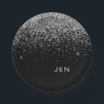 Name des Monogramms für den Silver Black Girl Glit Pappteller<br><div class="desc">Monogram Name und Teller des Initial Party Monogram und Schwarz Sparkle Glitzer. Das macht den perfekten 16 Geburtstag,  Hochzeit,  Brautparty,  Jubiläum,  Babydusche oder Junggeselinnen-Abschied Geschenk für jemanden,  der Lieben glamourösen Luxus und schicke Stile.</div>