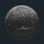 Name des Monogramms für den Silver Black Girl Glit Pappteller<br><div class="desc">Monogram Name und Teller des Initial Party Monogram und Schwarz Sparkle Glitzer. Das macht den perfekten 16 Geburtstag,  Hochzeit,  Brautparty,  Jubiläum,  Babydusche oder Junggeselinnen-Abschied Geschenk für jemanden,  der Lieben glamourösen Luxus und schicke Stile.</div>