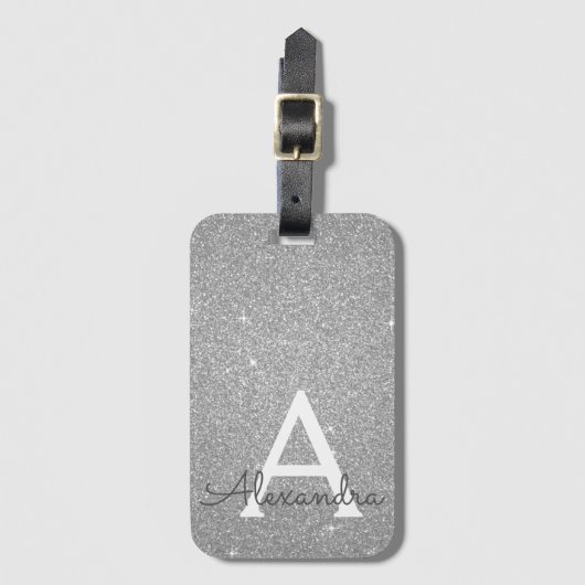 Name des Monogramms für den Silver Sparkle-Glitzer Gepäckanhänger (Vorderseite Vertikal)