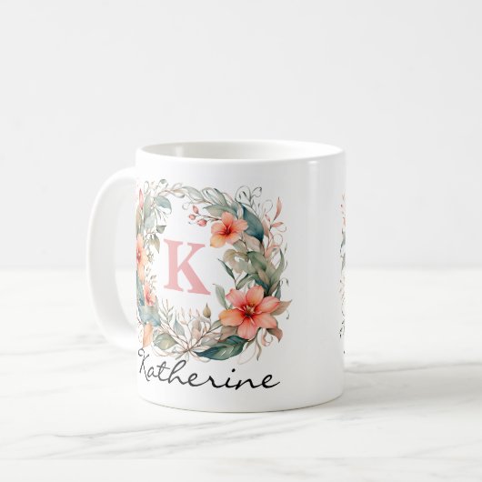 Name des Monogramms für elegante rosa Blume Kaffeetasse (Vorderseite Links)