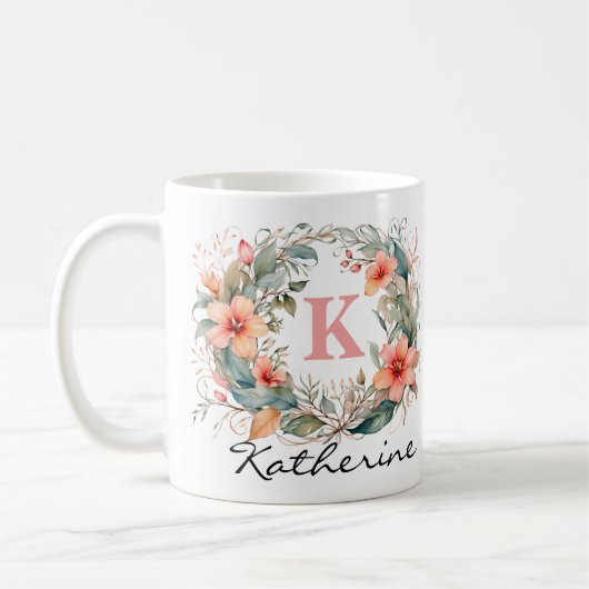 Name des Monogramms für elegante rosa Blume Kaffeetasse (Links)