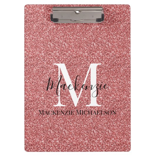 Name des Monogramms für Girly Coral Red Glitzer Klemmbrett (Vorderseite)