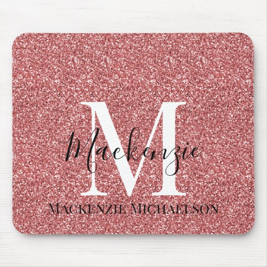 Name des Monogramms für Girly Coral Red Glitzer Mousepad (Vorne)