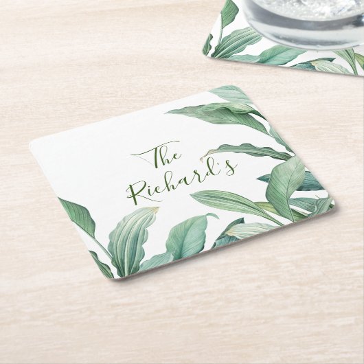 Name des Monogramms für grüne tropische Blätter Rechteckiger Pappuntersetzer (angewinkelt)