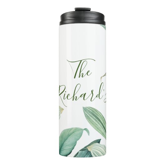 Name des Monogramms für grüne tropische Blätter Thermosbecher (Vorderseite)