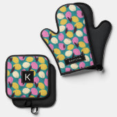 Name des Monogramms für moderne farbige Zitronen Ofenhandschuh & Topflappen-Set (Vorderseite/Rückseite)