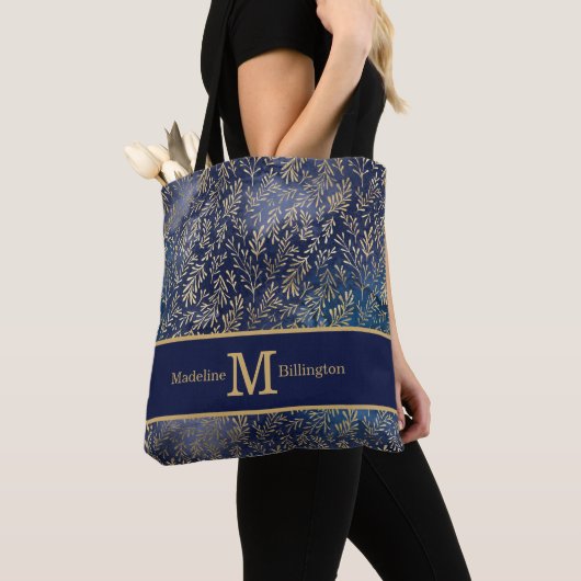 Name des Monogramms für Navy Blue-Gold-Blätter Tasche (Von Nahem)
