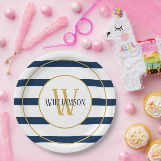 Name des Monogramms für Navy Nautic Stripes Pappteller (Party)