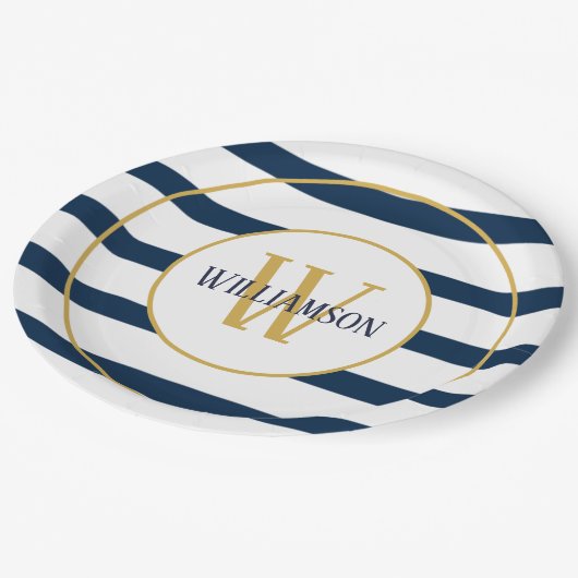 Name des Monogramms für Navy Nautic Stripes Pappteller (Schrägansicht)