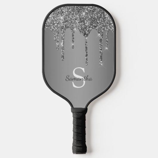 Name des Monogramms für Tropfen des Silver Glitzer Pickleball Schläger (Vorderseite)