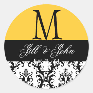 Name des Monogramms Hochzeitdatums Damask Gelbes S Runder Aufkleber