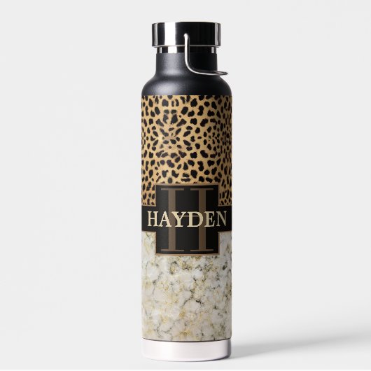 Name des Monogramms Leopard Spot Marble Trinkflasche (Links)