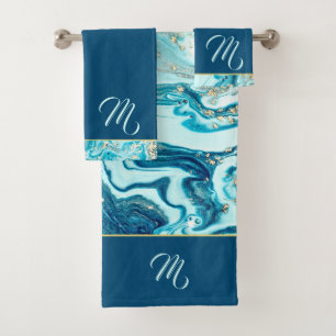 Name des Monogramms Luxe Aquamarin Ocean Blue Gold Badhandtuch Set