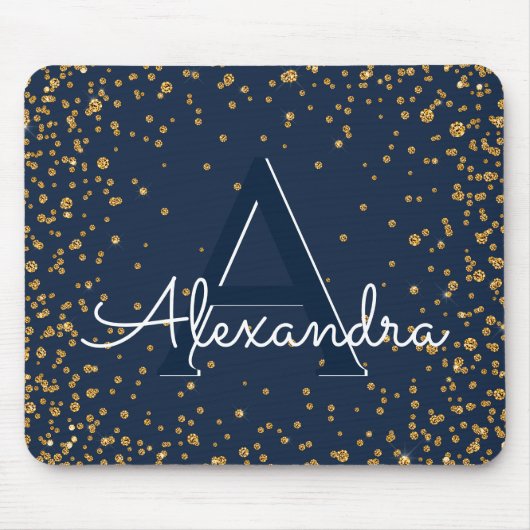 Name des Monogramms Navy Blue und Gold Confetti Mousepad (Vorne)
