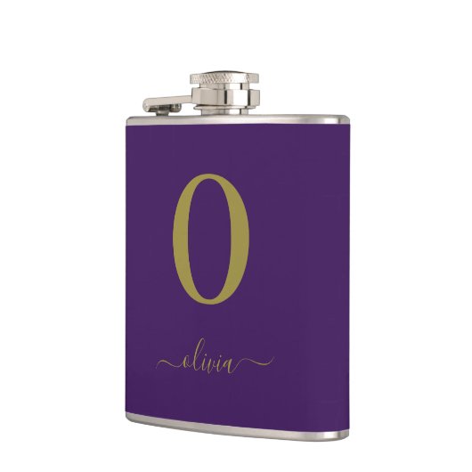 Name des Monogrammskripts Personalisiert Lila und Flachmann (Links)