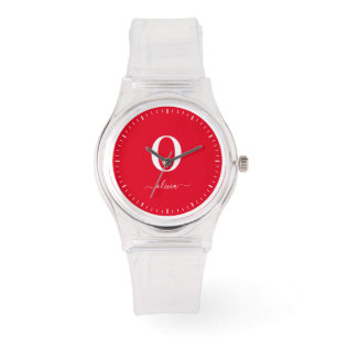 Name des Monogrammskripts Personalisiert rot und w Armbanduhr