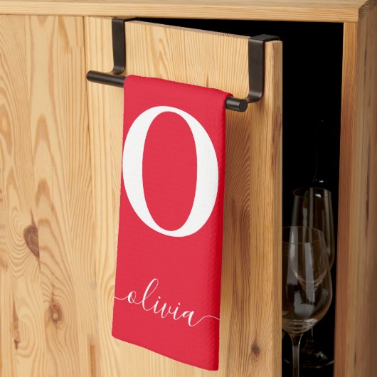 Name des Monogrammskripts Personalisiert rot und w Geschirrtuch (Drittel gefaltet)